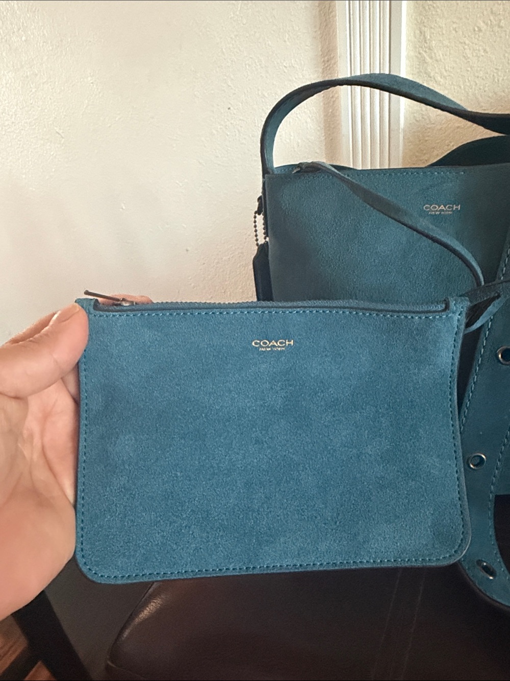 COACH Teal Suede Bucket Bag with Wide Adjustable Strap - Picture 2 of 11